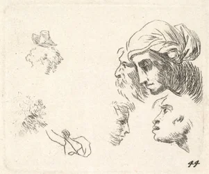 Study of Heads in Profile View, a Woman with Headcloth and Bearded Man Whose Heads ..., ca. 1641-78