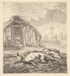 Three Pigs Lying on Their Sides, a Pigsty and Trough Beyond