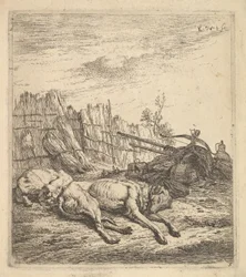 Two Dogs Sleeping on the Ground, a Plough, Farm Equipment, Bunches of Straw