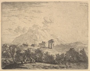 View of hillside with ruins an aqueduct and mountain crag beyond, in the foreground a man, 1658