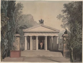 Alceste (?). Opera by Christoph Willibald Gluck. Design for a stage set. Doric temple in a southern landscape