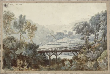Aline, Queen of Golkonda. Opera by Henri-Montan Berton. Design for the 2nd Decoration. Landscape with River and Bridge