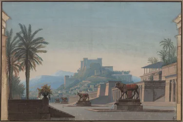 Athalia. Opera by Johann Nepomuk von Poissl. Design for the 1st decoration. View of Jerusalem and Zion Castle