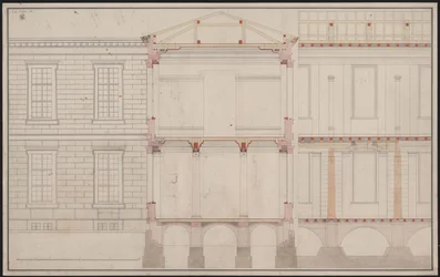 Berlin. Academy Building Unter den Linden. Partial elevation of the façade, partial longitudinal section detail and cross-section
