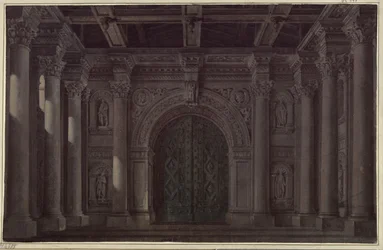 The Bride of Messina. Tragedy by Friedrich Schiller. Design for the 1st and final scenery. Hall with columns and portal
