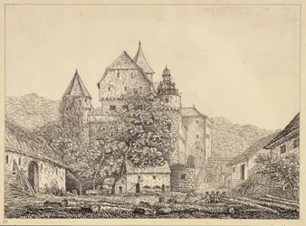 Castle-like group of buildings in a mountain landscape