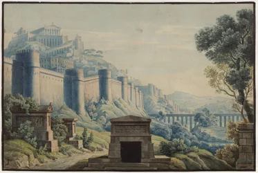 The Vestal Virgin. Opera by Gaspare Spontini. Design for the 3rd decoration. Antiquity-inspired city on a mountain behind high walls