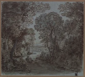 A River beneath Trees with a View of a Mountain in the Distance