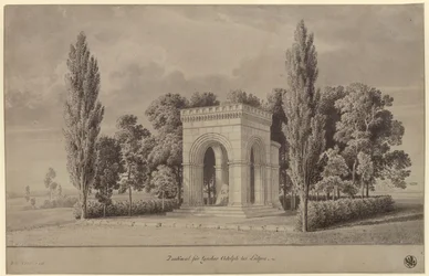 Lützen. Design for a monument to King Gustav II Adolf of Sweden in the form of a Romanesque hall above the Swedish Stone with an attached apse. View
