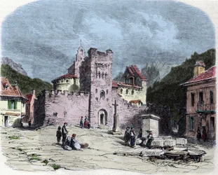 Church of the Knights of the Order of the Temple (Templars) in Luz Saint Saviour (Luz-Saint-Sauveur or Luz St Saviour, Luz-St-Sauveur). Drawing by Karl Girardet (1813-1871)