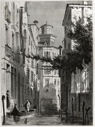 The palace of Bianca Cappello in Venice. Drawing by Karl Girardet, to illustrate Adalbert de Beaumont