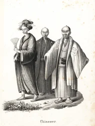 Japanese oiran and samurai (Lithograph by Karl Joseph Brodtmann)