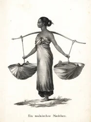 Malay girl with hair tied up carrying sneakers from a yoke. Lithograph from Heinrich Rudolf Schinz