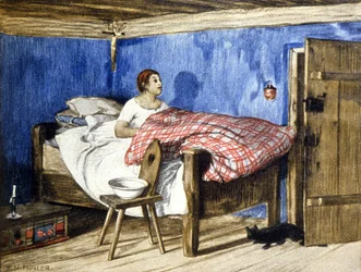 Cat visiting a woman in her bedroom, early 20th century