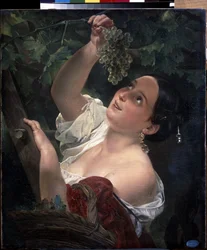 Italian Midday. Young Woman with Bare Shoulder Picking a Bunch of Grapes