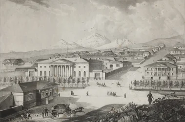 View of the hotel and the center of Pyatigorsk, Mid of the 19th century