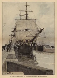 Training ship in the lock at Holtenau on the Kiel Canal, Germany (colored engraving)