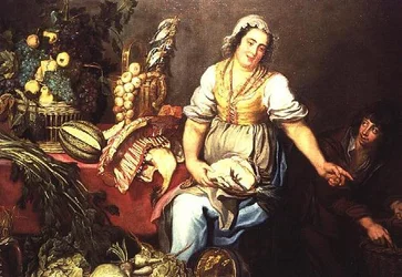Kitchen Still Life with Fruit, Vegetables and a Girl Holding a Chicken