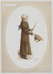 Boy in long brown coat, with wig, and holding hat and hunting whip
