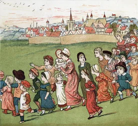 A crowd of mothers and children fleeing the village. Illustration by Kate Greenaway from the book of tales and nursery rhymes for children Under The Window (1879), edited by Edmund Evans