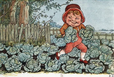 A gnome steals cabbage from a vegetable garden. Illustration by Kate Greenaway (1846-1901) from the book of tales and nursery rhymes for children «Under The Window» (1879), edited by Edmund Evans.