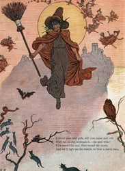 A witch and her broom surrounded by black cats, bat and owl. (Little boys and girls, will you come and ride with me on my broomstick?) Illustration from the book of tales and nursery rhymes for children “Under The Window”