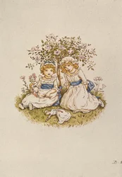 Two Girls with Dolls Sitting Under a Rose Bush