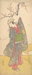 The Fourth Iwai Hanshiro as a Young Girl Standing by a Wooden Bench
