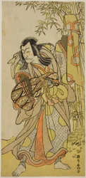 The Actor Ichikawa Danjuro V as Kazusa no Akushichibyoe Kagekiyo Disguised as a Blind Court Musician in the Play Edo Meisho Midori Soga, Performed at the Morita Theater in April 1779