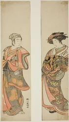 The Actor Nakamura Tomijuro I as a courtesan (right) and Sawamura Sojuro III as Oyamada Taro (?) disguised as Tarosaku of Oyamada Village (left) in the play "Azuma no Mori Sakae Kusunoki," performed at the Ichimura Theater in November 1779