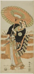 Actors Ichimura Uzaemon IX as Kajiwara Genta no Kagetoki (Left), Segawa Kikunojô II as Yuki Onna (Center), and Arashi Sangorô II as Minamoto no Yoritomo (Right) in “Cotton Wadding of Izu Protecting the Matrimonial Chrysanthemums”