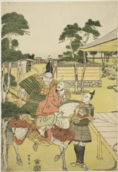 Musashibo Benkei Brings the Captured Tosabo Shoshun to Yoshitsune in the Play Horikawa Youchi no Zu Uki-e Nimaitsuzuki