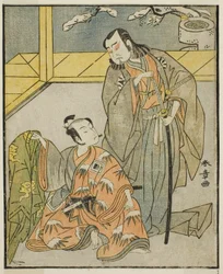 The Actors Nakamura Denkuro II as Suma no Dairyo (right), and Ichikawa Komazo II as Ariwara no Yukihira (left), in the Play 