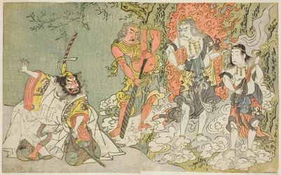 The Actors Sawamura Kijuro I as Ikazuchi Shinno, Prince of Thunder (far left), Ichikawa Danjuro V as the Buddhist Deity Fudo (second from left), Nakamura Sukegoro II as Seitaka Doji (second from right), and Bando Mitsugoro I as Kongara Doji (far right)