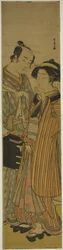 The Actors Segawa Kikunojo III as Okoma (right), and Arashi Sangoro III as the Hairdresser Obana Saizaburo (left), in the Play Koi Musume Mukashi Hachijo, Performed at the Nakamura Theater in the Third Month, 1776