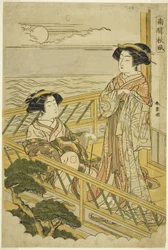 Two Courtesans on a Moonlit Balcony at a House of Pleasure in Shinagawa, from the Series Nan