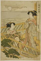 Two Courtesans on a Moonlit Balcony at a House of Pleasure in Shinagawa, from the series "Nan