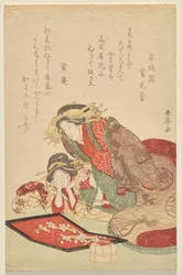 Courtesan and apprentice viewing a shell screen