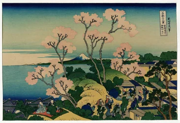A Group of Japanese People Under Cherry Trees at Blossom Time, in Shinagawa, Tokaido Road, Japan, with View of Mount Fuji in the Distance