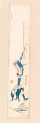 Artist standing on the back of a man and writing on a column