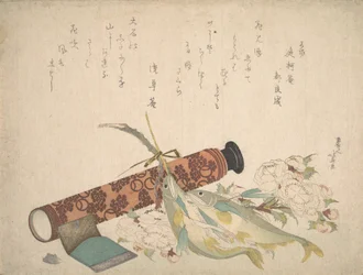 Still Life: Double Cherry-Blossom Branch, Telescope, Sweet Fish, and Tissue Case