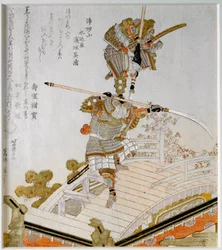 The legendary battle of Samurai Minamoto no Yoshitsune (1159-1189) against Saito Musashibo Benkei, Buddhist monk of the 12th century, on the Gojo Bridge in Kyoto. Japanese print “Surimono Nishiki-e” (Surimono Nishiki e) by Katsushika Hokusai (1760-1849)