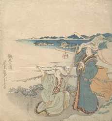 Two Young Ladies at Shore, One Pointing