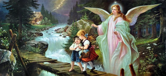 A guardian angel protects two children crossing a river on an old wooden bridge