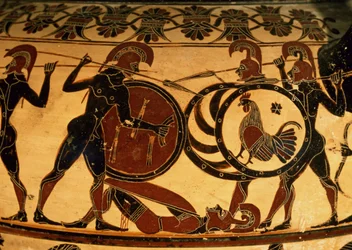 Detail of a Corinthian vase showing a hoplite battle, c.600 BC