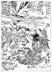 Young Kyôsai Sketching the Severed Head, 1898