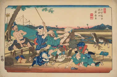 Iwamurata, Fight of the Blind, Plate 23 from the series: Sixty-Nine Stations of the Kisokaido Road / Kisokaido rokujukyu tsugi