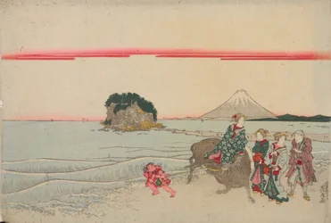 Woman on a Buffalo, Child and Three Passers-by by the Sea with Enoshima Island in the Background