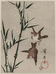 Sparrows, Bamboo and Falling Snow