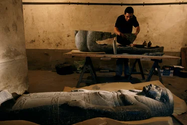 Fragments of the base of the sarcophagus of Senqed is reconstructed, New Kingdom